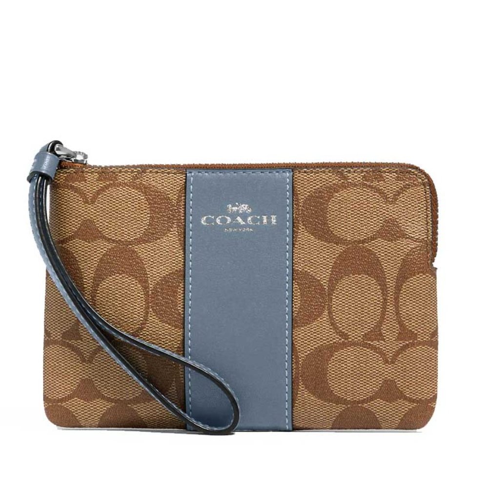 Corner Zip Wristlet In Signature Canvas Khaki / Marble Blue